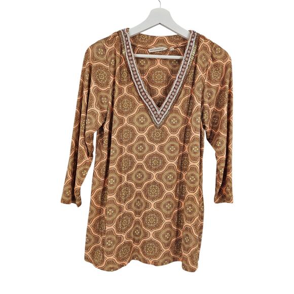 Soft Surroundings Lillia Tunic Top Brown Beaded V-Neck Tile Print 3/4 Sleeve PM - Picture 2 of 7